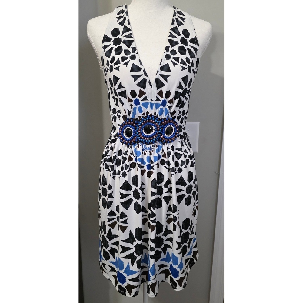 ECI New York Women Sz M White Geometric Halter Beaded Waist Dress Tribal Short